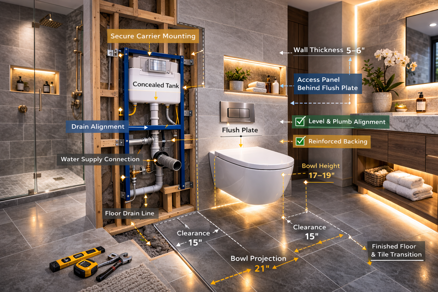 Wall-mounted toilet installation with carrier framing, tank support, plumbing rough-in, wall buildup, and bowl height setup