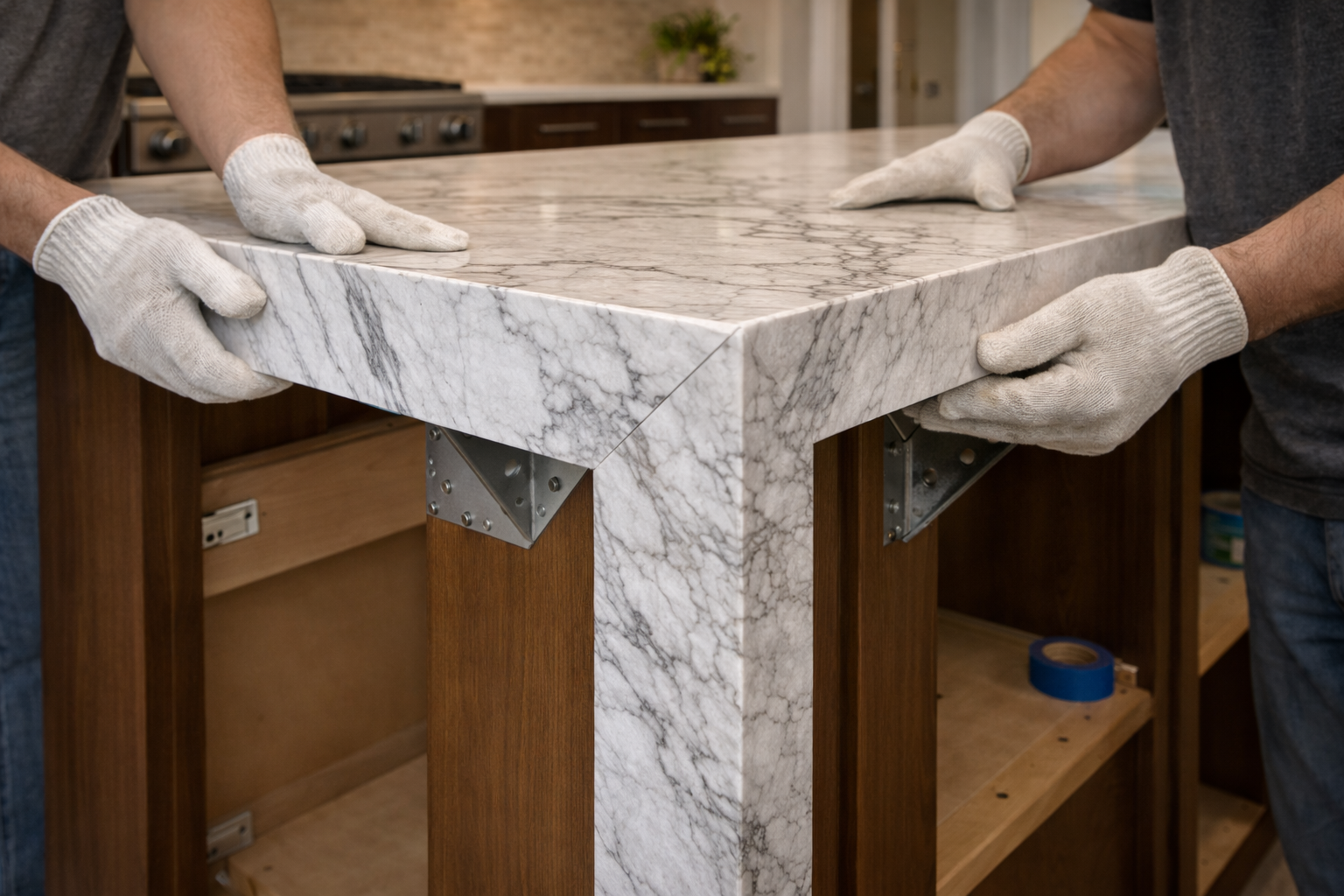 Waterfall island installation image with countertop support slab handling cabinet preparation and mitered seam setup