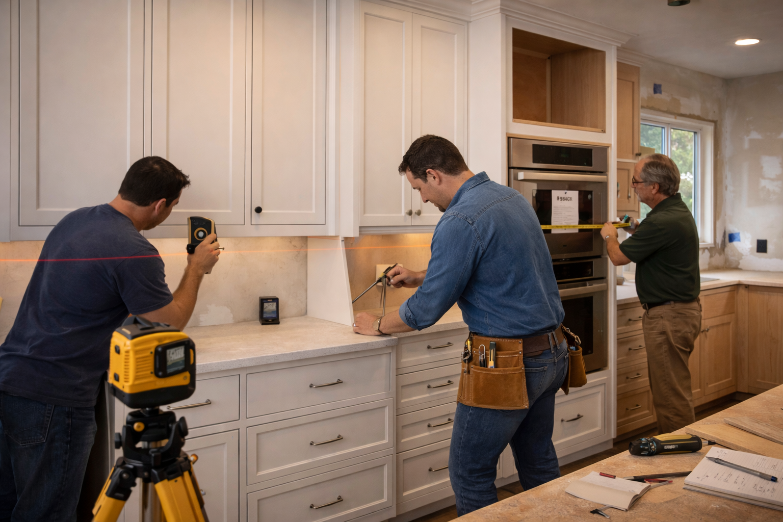 Custom cabinet installation showing tight appliance reveals, straight scribe lines, level runs, and finished end panels