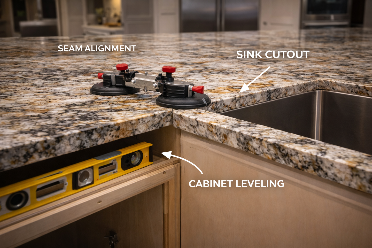 Granite countertop installation with slab handling, seam planning, cabinet leveling, overhang support, and backsplash fit