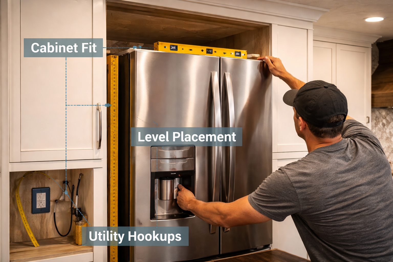 Kitchen appliance installation with cabinet openings, utility hookups, ventilation alignment, panel fit, and countertop coordination