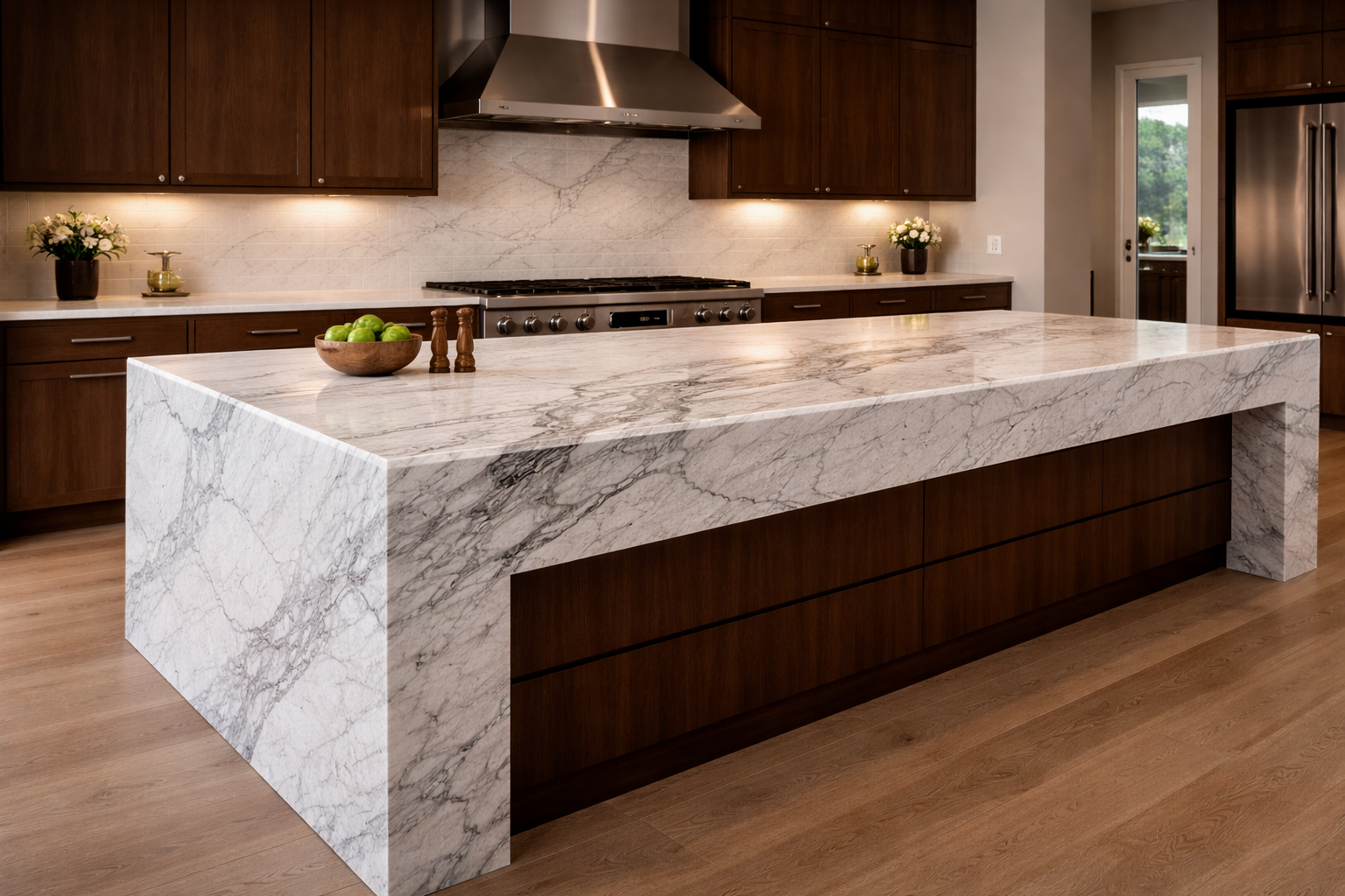 Waterfall island definition image showing countertop material wrapping from top down the side of the island