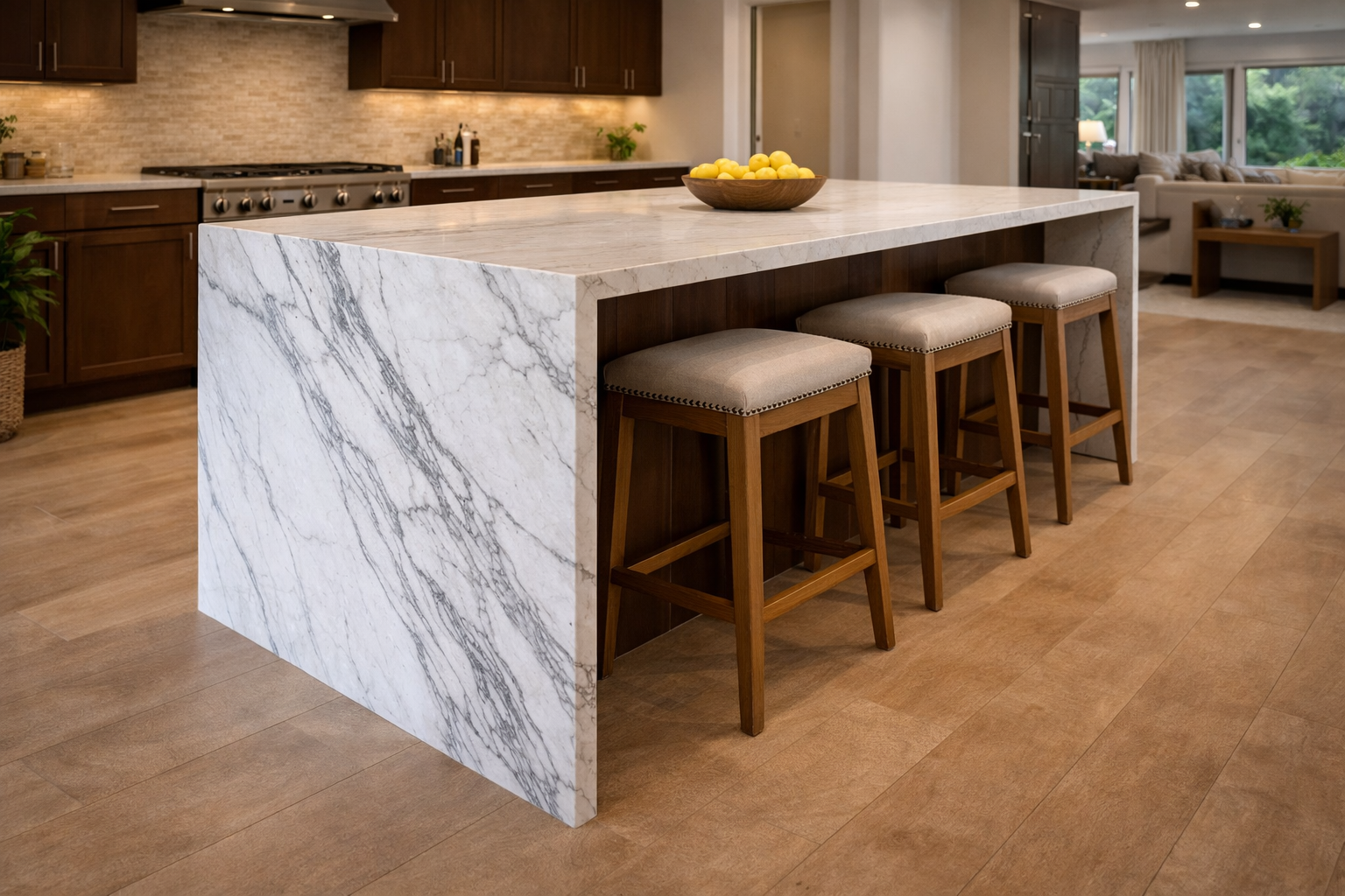 Waterfall island seating and layout image with stool placement overhang planning and walkway clearance details