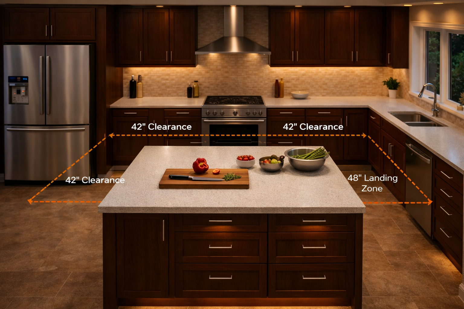 Prep island layout with landing space and clear kitchen circulation