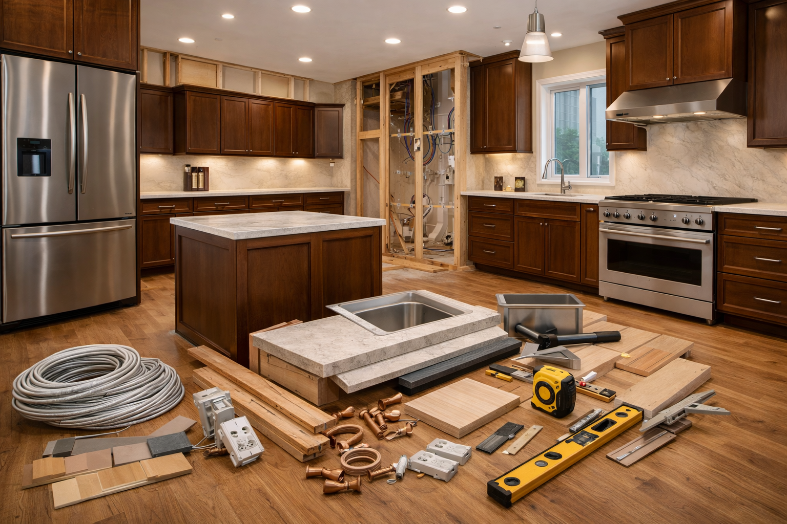 Kitchen remodel components including cabinets, lighting, flooring, and plumbing