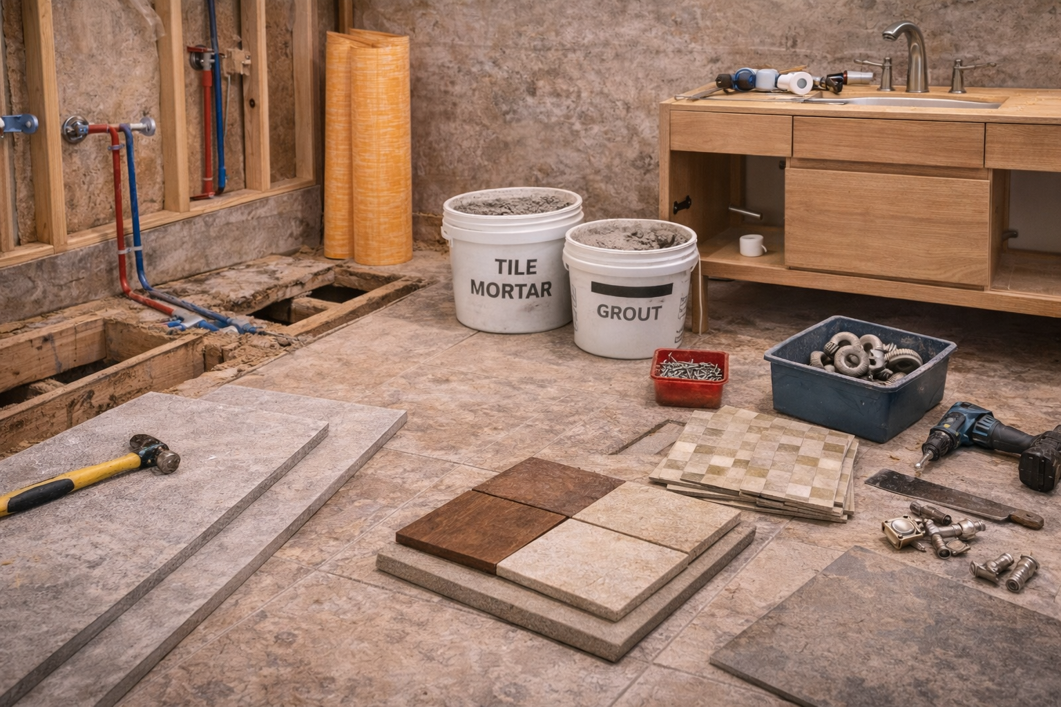 Bathroom layout change materials and components including plumbing lines, framing, subfloor repair, waterproofing, fixtures, and finish surfaces