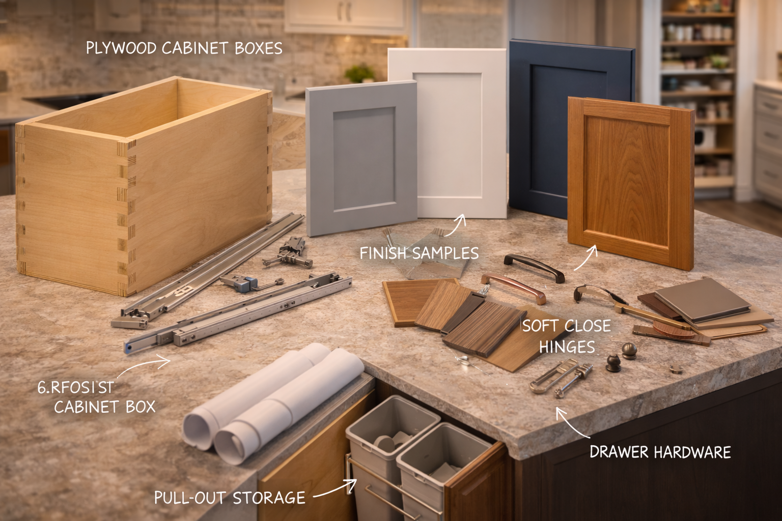 Cabinet remodel materials and components including cabinet boxes, doors, drawer fronts, hinges, slides, hardware, and finish surfaces