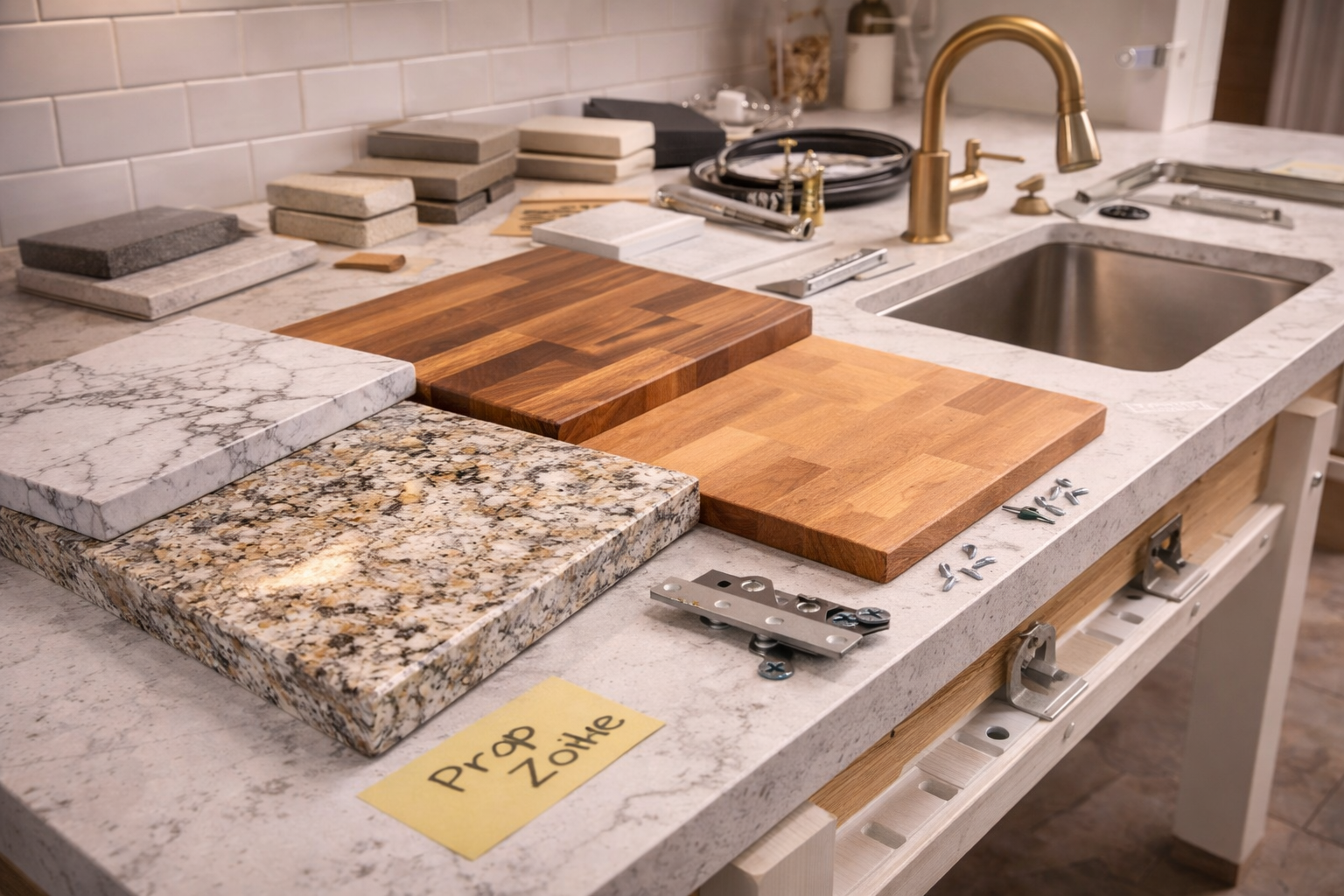 Countertop remodel materials and components including surface slabs, sink cutouts, edge details, backsplash pieces, and support structure