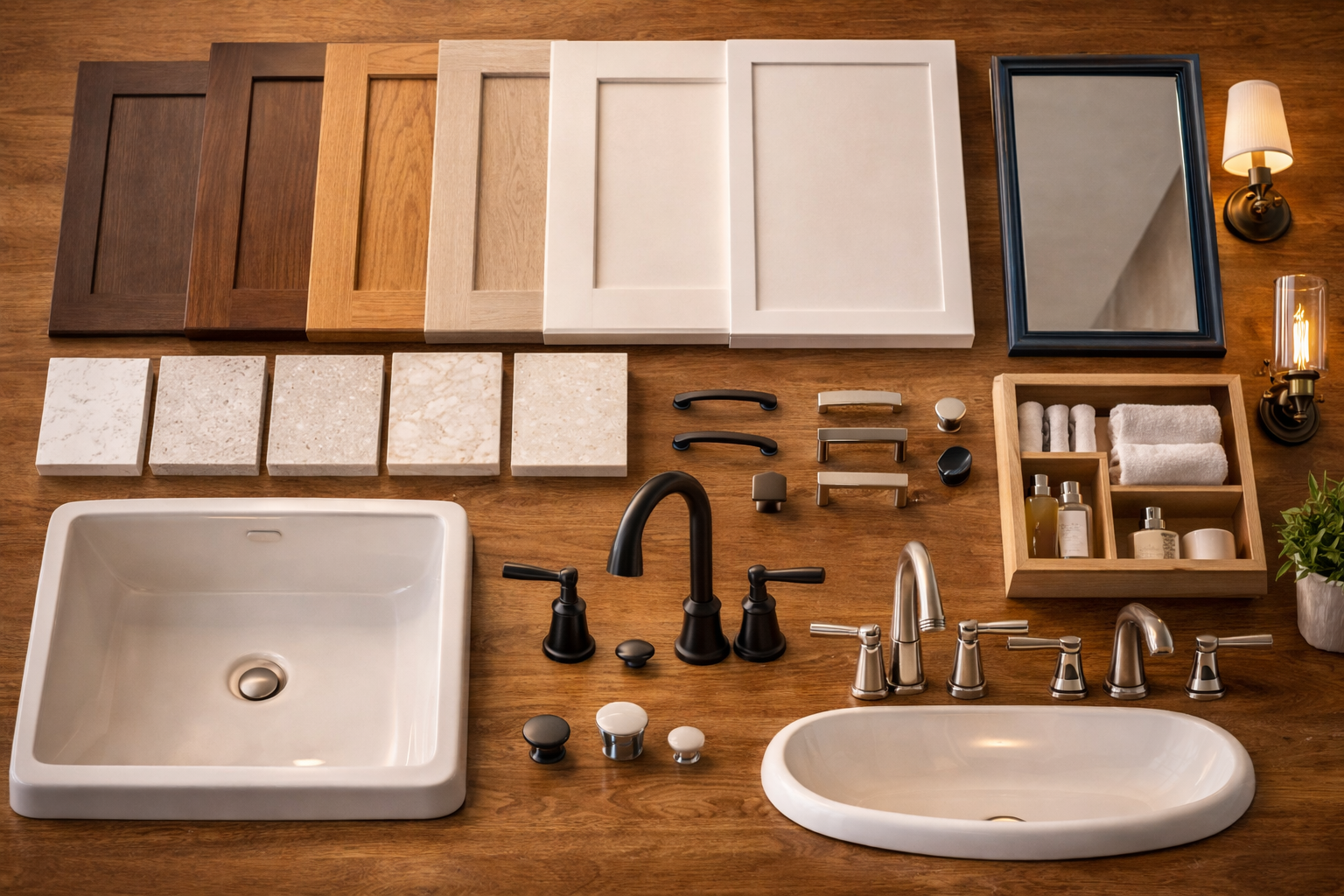 Custom vanity materials and components including cabinet finishes, stone countertop, sink options, drawer hardware, and faucets