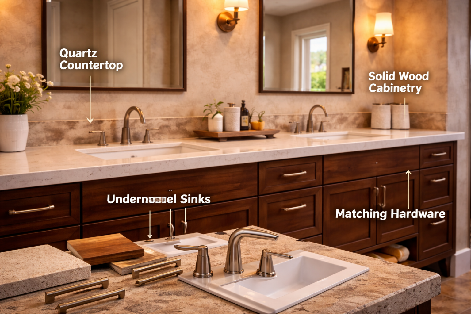 Double vanity materials and components including wood cabinetry, stone countertop, dual sinks, faucets, and drawer hardware