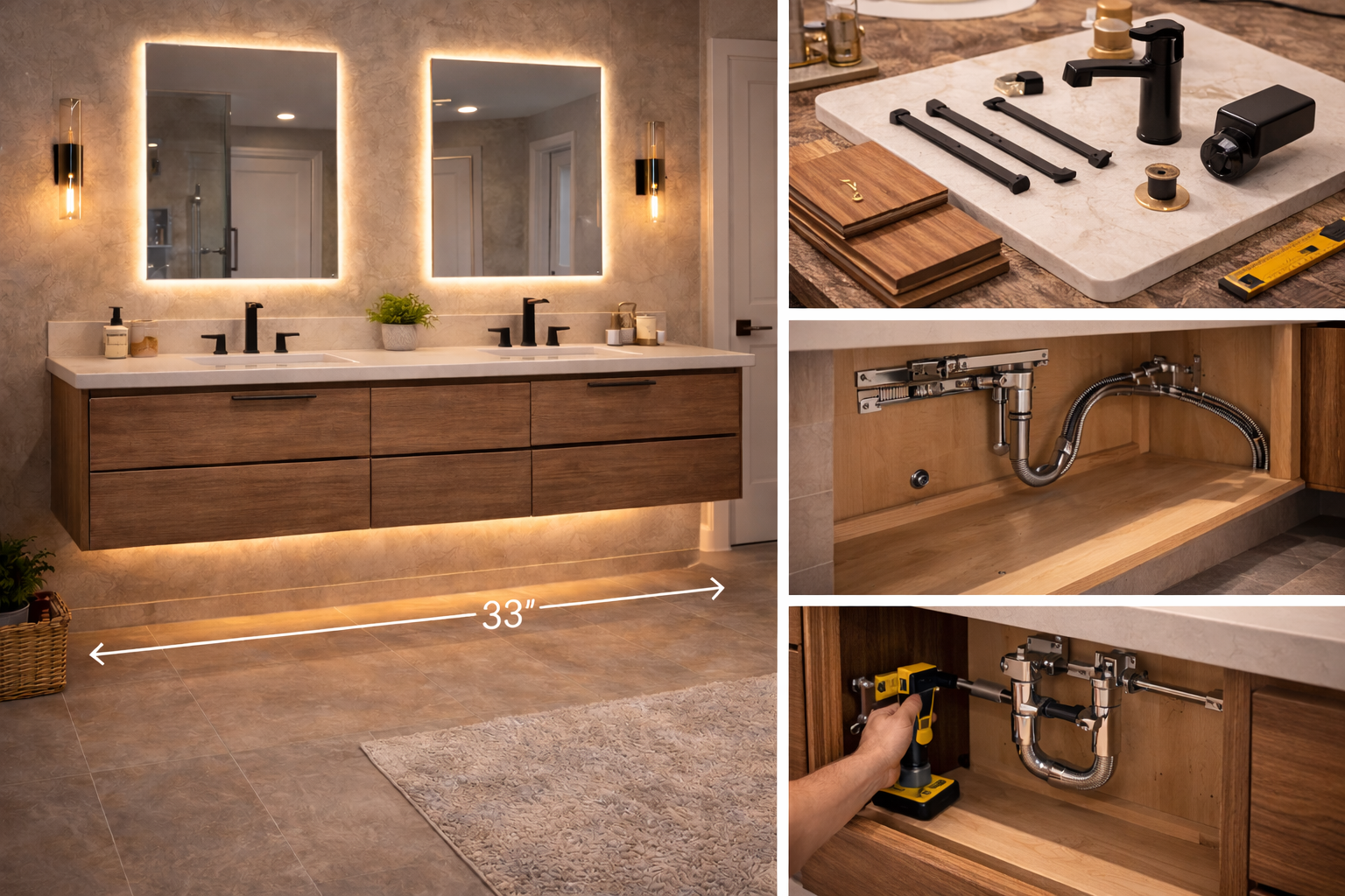 Floating vanity with wood drawer fronts, stone countertop, black faucet, hardware samples, and exposed drain assembly