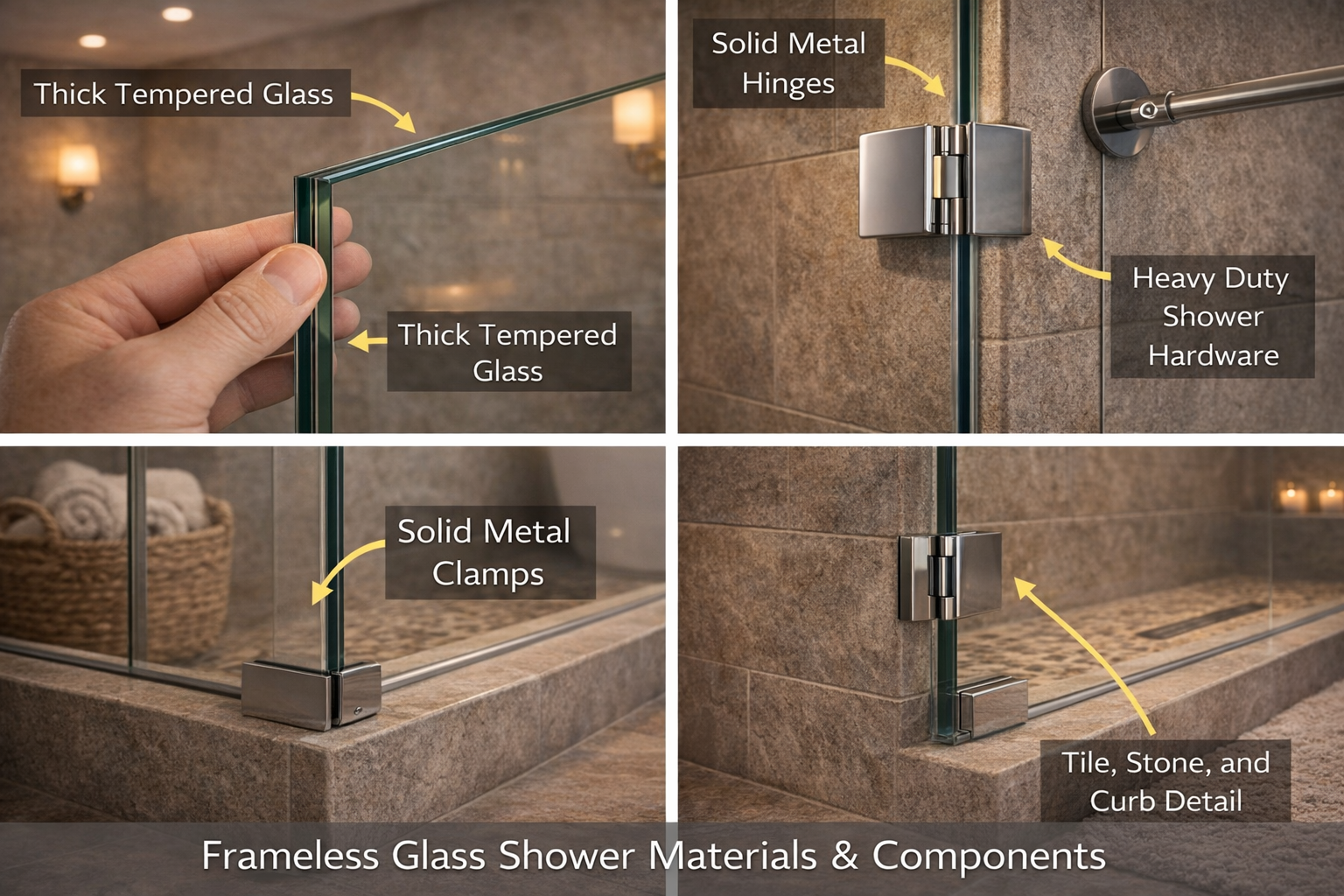Frameless glass shower materials and components including tempered glass, hinges, clips, handles, seals, and mounting hardware