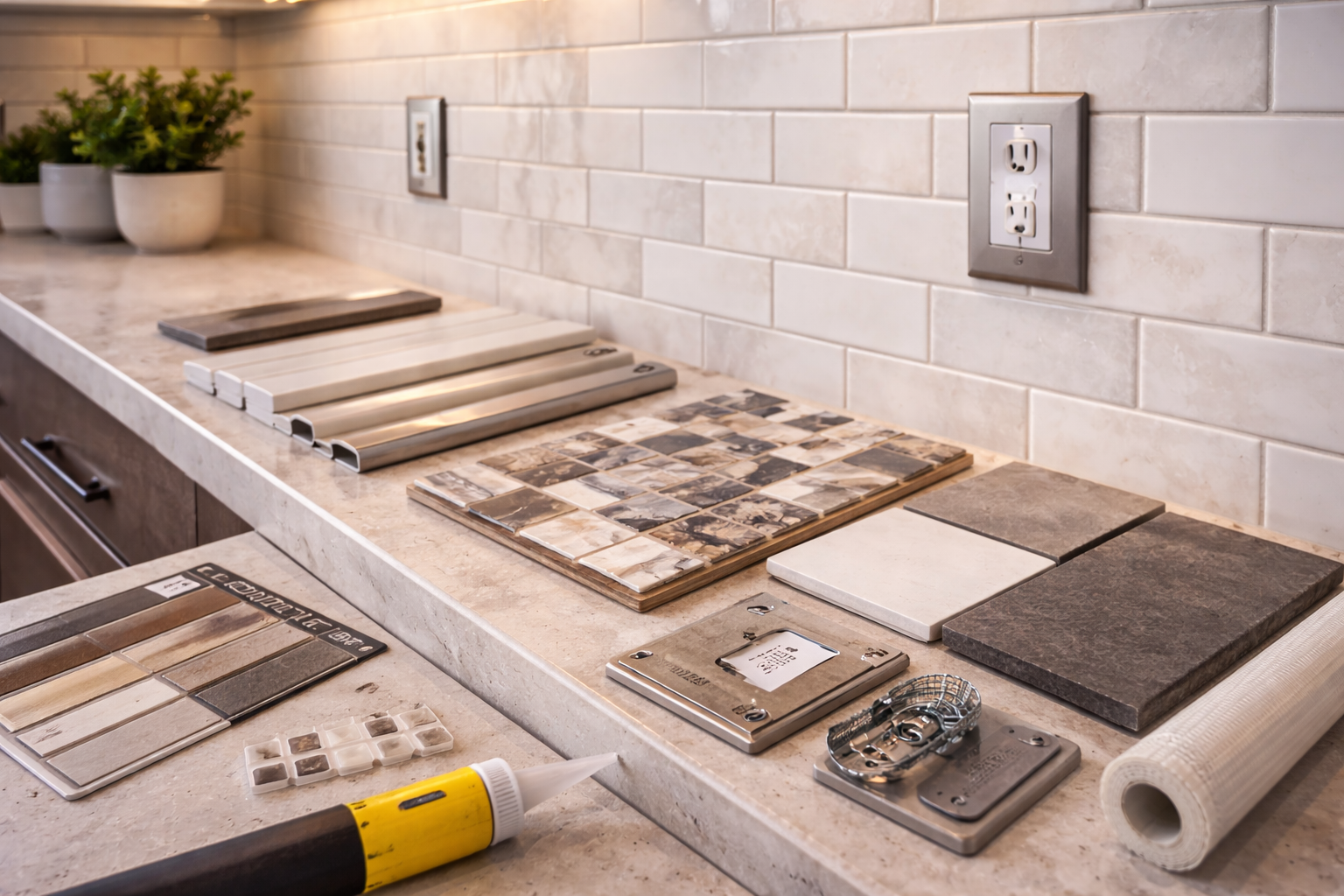 Kitchen backsplash materials and components including tile or slab surfaces, grout, trim pieces, adhesive, and outlet cut details