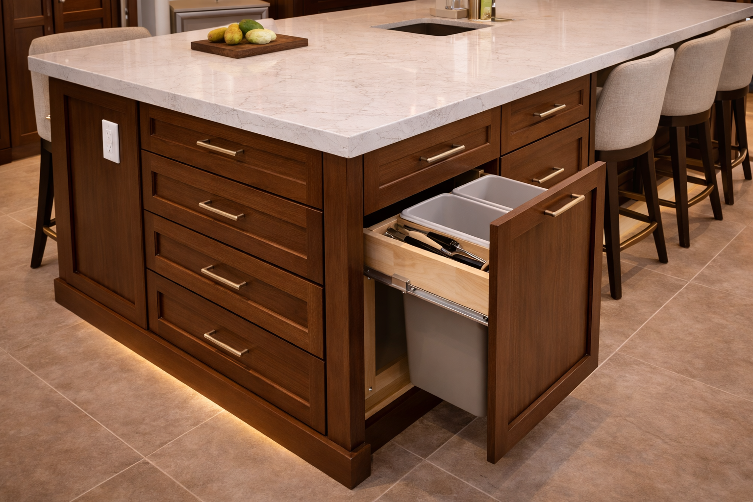 Kitchen island remodel materials placeholder image with island cabinets countertop seating panels and storage hardware context