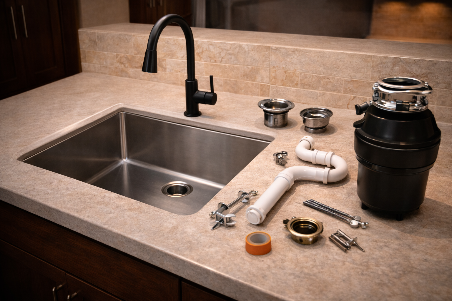 Kitchen sink remodel materials and components including sink basin, faucet, drain assembly, countertop cutout, disposal, and cabinet modifications