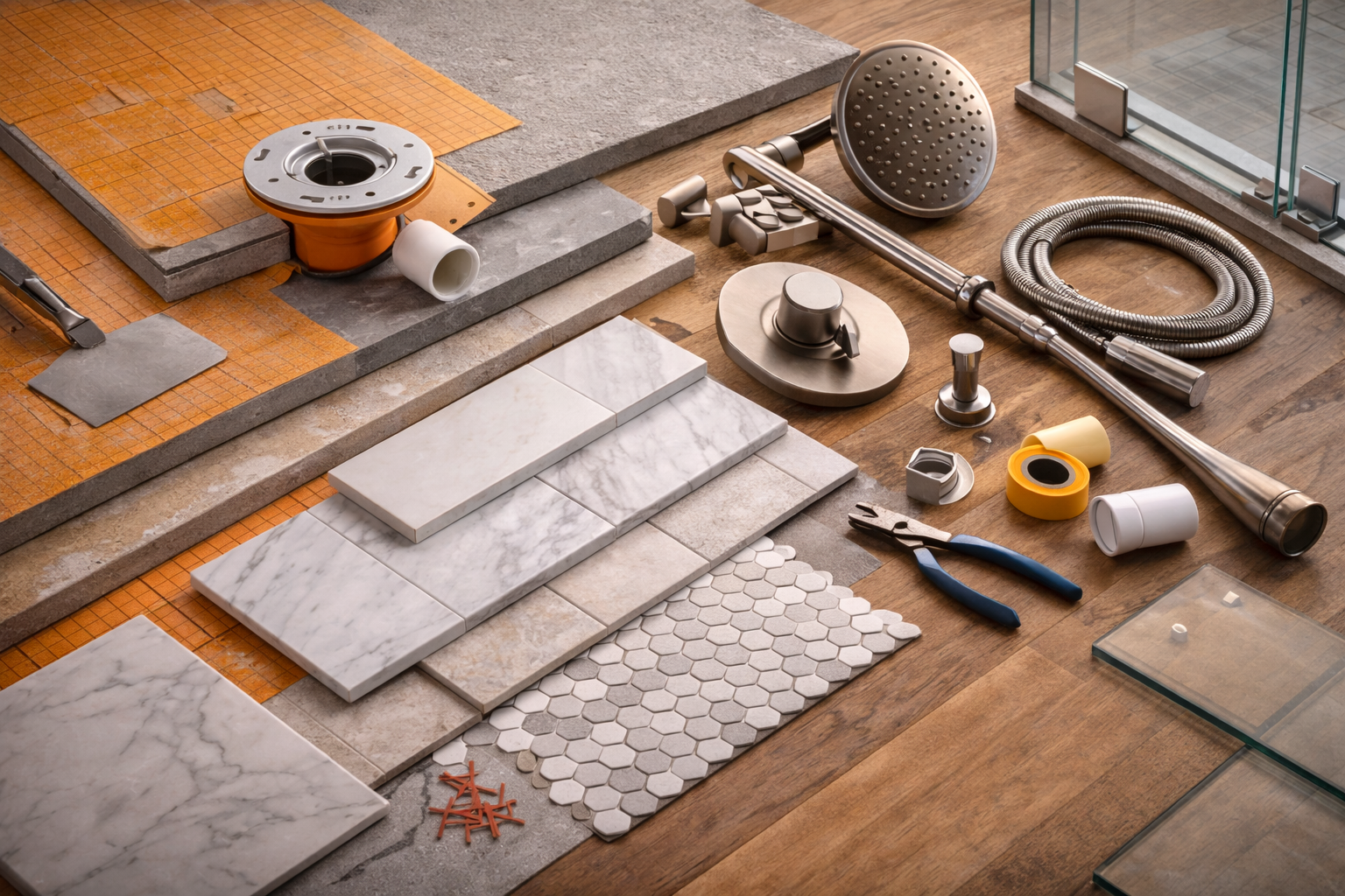 Shower remodel materials and components including wall tile, shower pan, drain assembly, glass, fixtures, and waterproofing layers