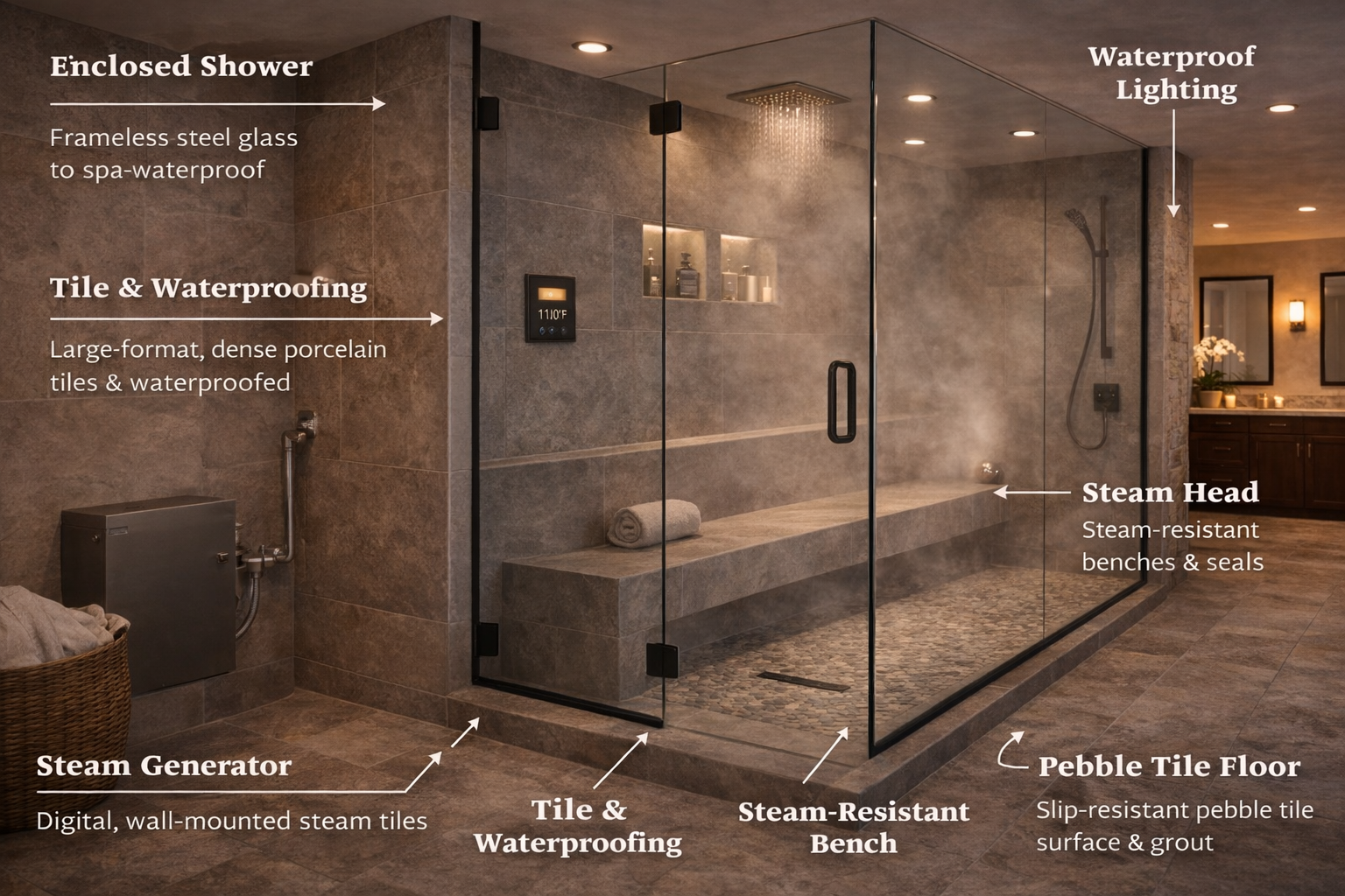 Steam shower materials and components including tile, waterproofing, sealed glass, steam generator parts, bench framing, and controls