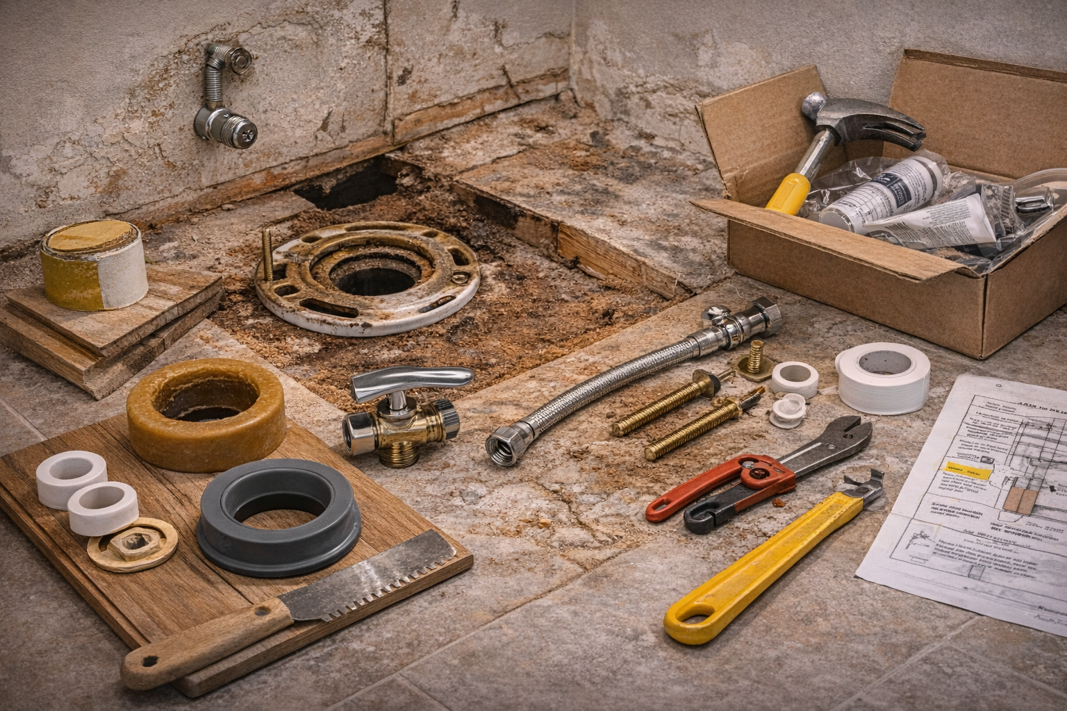 Toilet remodel materials and components including fixture type, flange, supply line, wall finish, flooring, and trim details