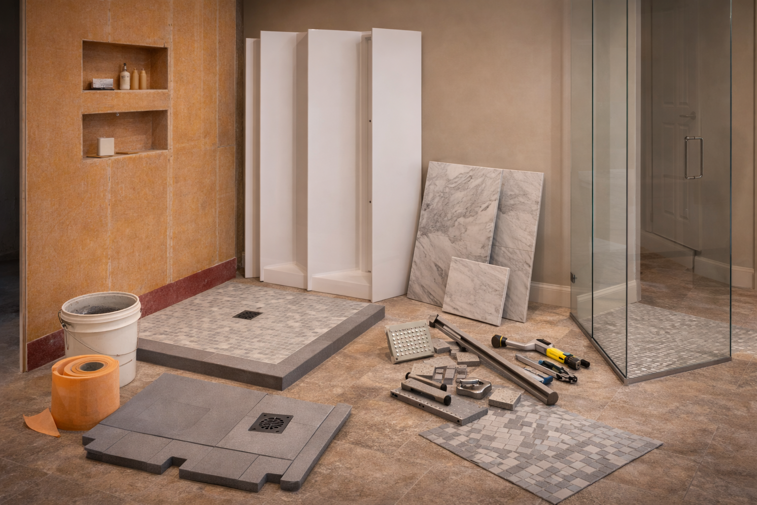 Tub-to-shower conversion materials including shower base, wall tile, waterproofing membrane, glass panel, and drain assembly