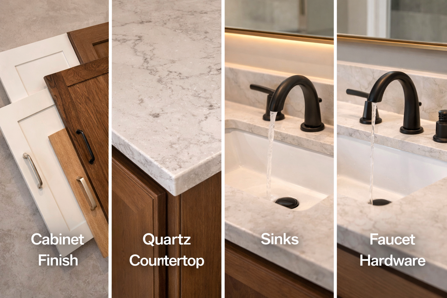 Vanity remodel materials and components including cabinetry, countertop surface, sink, faucet, hardware, and mirror options