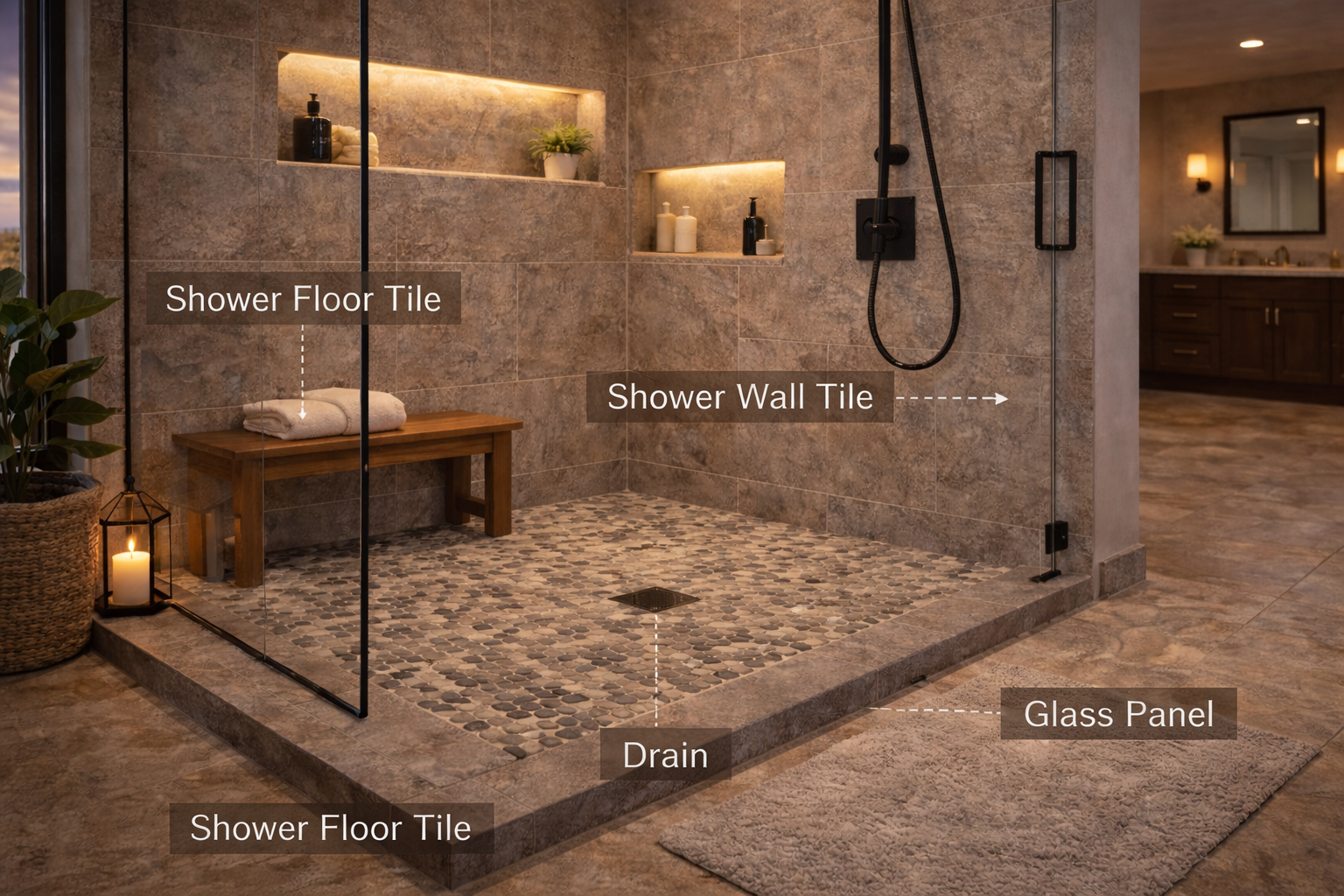 Walk-in shower materials with floor tile, wall tile, drain placement, and glass panel components