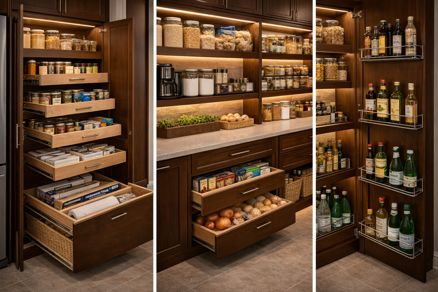 Kitchen pantry storage components including cabinet boxes, shelves, pull-out hardware, and bins
