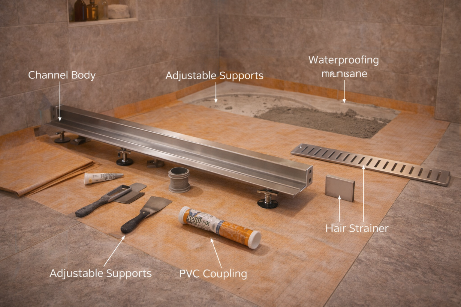 Linear drain materials and components including channel body, grate cover, waterproofing connection, slope planning, and floor assembly parts