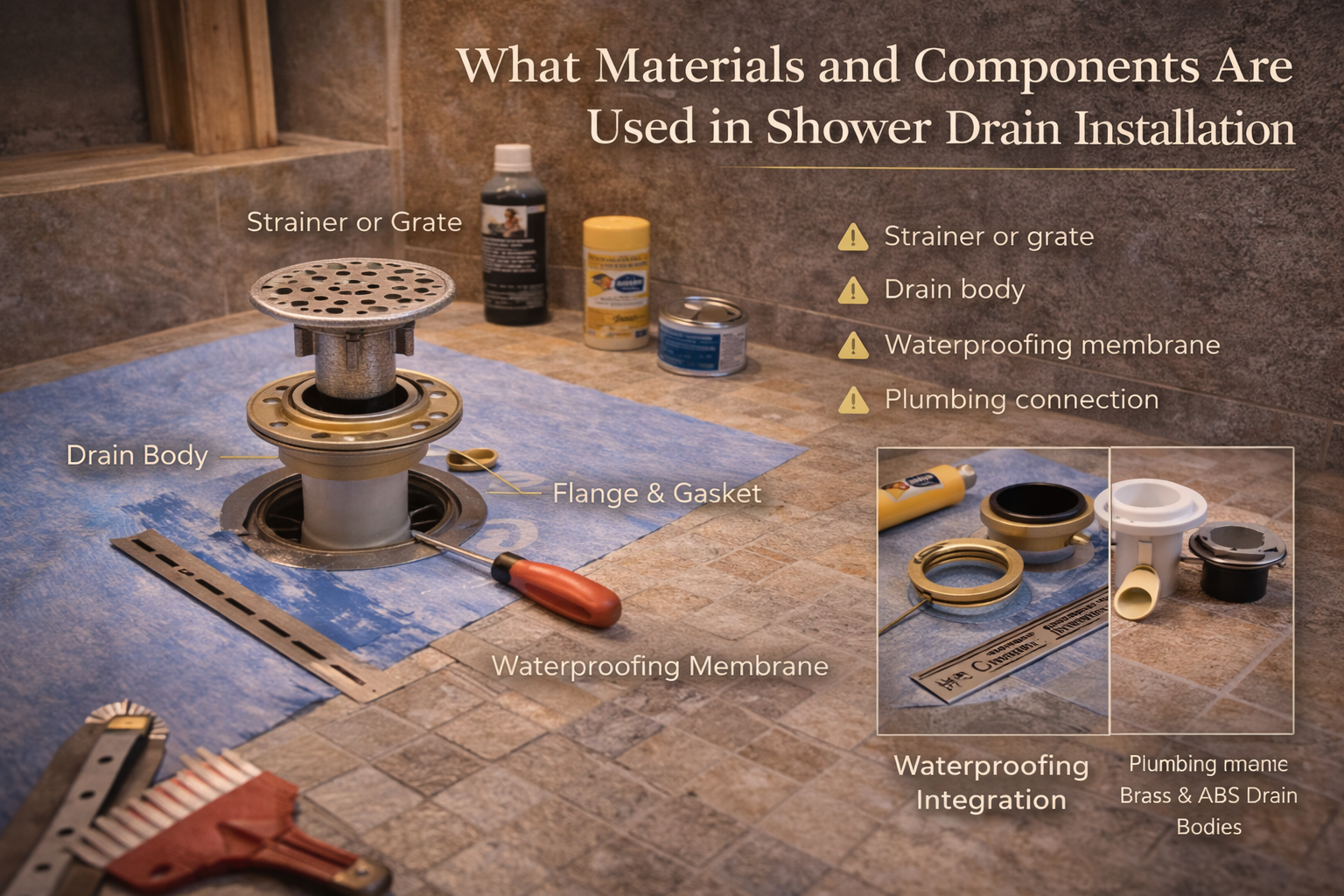 Shower drain materials and components including drain body, strainer cover, waterproofing connection, trap linkage, and floor assembly parts