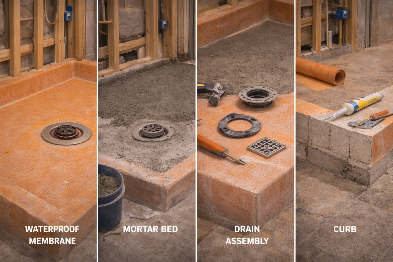 Shower pan materials and components including base material, waterproofing layers, drain assembly, curb details, and surrounding tile transition