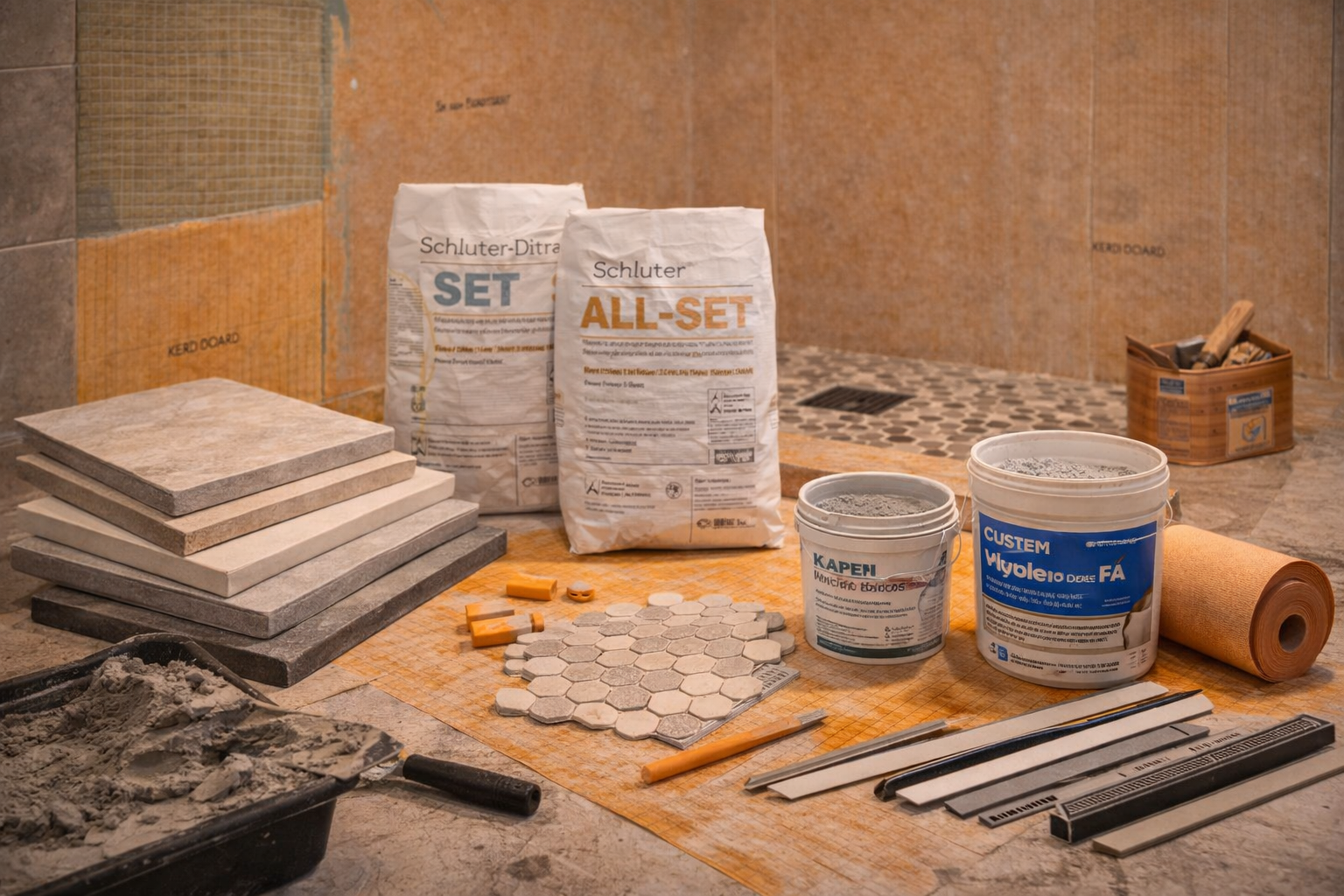 Shower tile materials and components including wall tile, floor tile, grout, waterproofing layers, trim pieces, and drain details