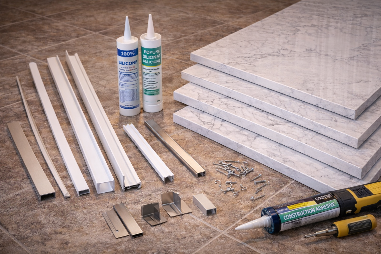 Bathroom wall panel materials and components including panel sheets, trim pieces, waterproof backing, sealants, and mounting systems