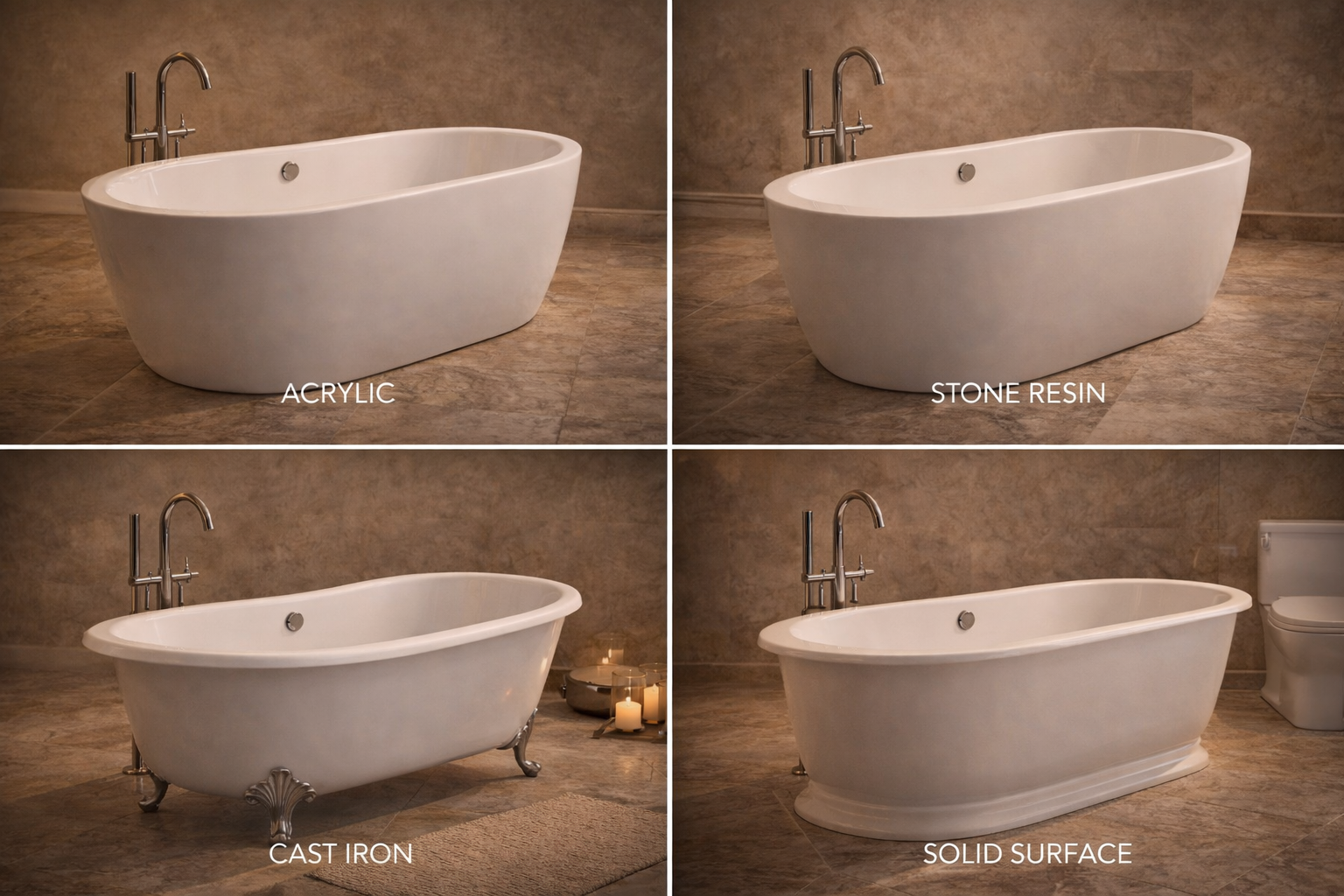 Freestanding bathtub materials and components including tub shell, drain assembly, overflow, floor-mounted filler, and surrounding floor finishes