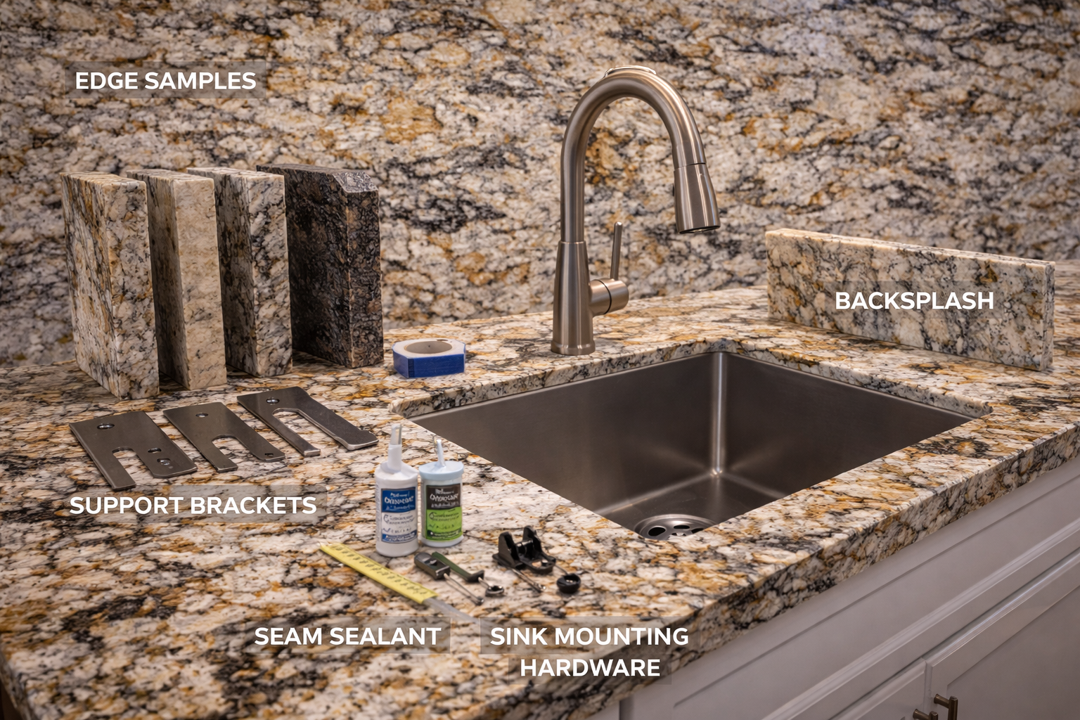 Granite countertop components including natural stone slab, backsplash pieces, sink cutouts, support structure, and edge detailing