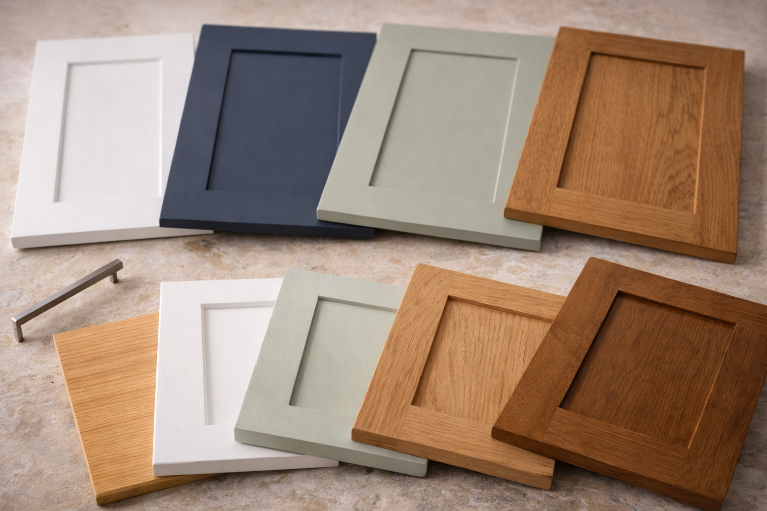 Shaker cabinet options with painted finishes, stained wood, different panel widths, and a range of hardware styles