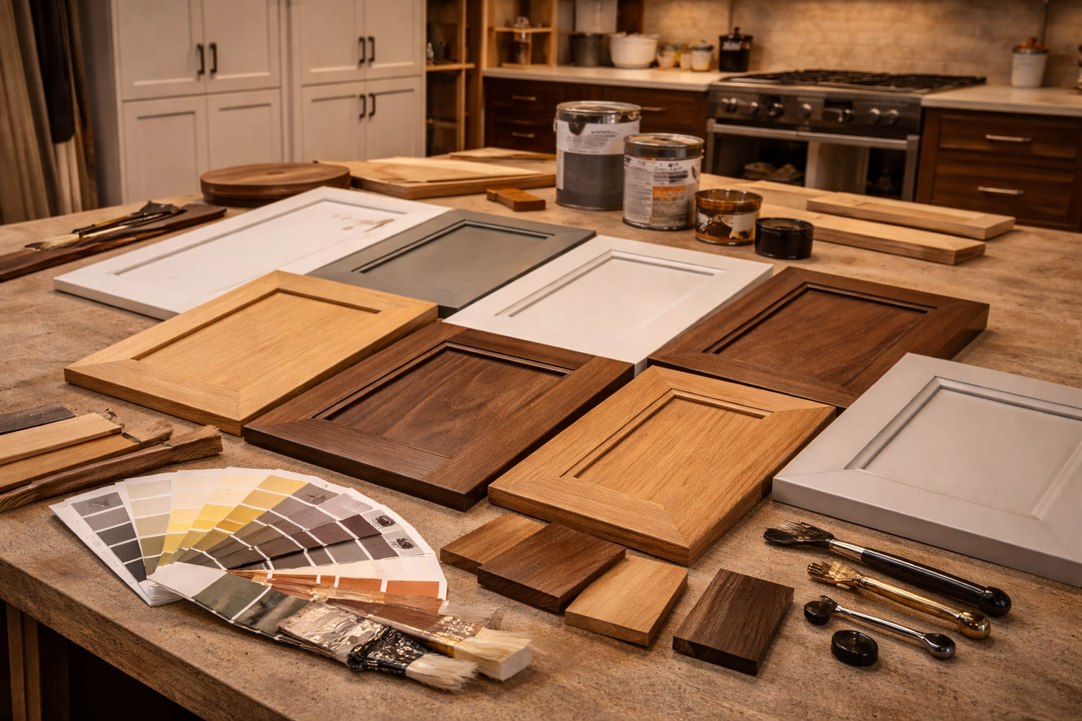 Custom cabinet material and finish options including painted fronts, stained wood, veneer panels, and sample boards