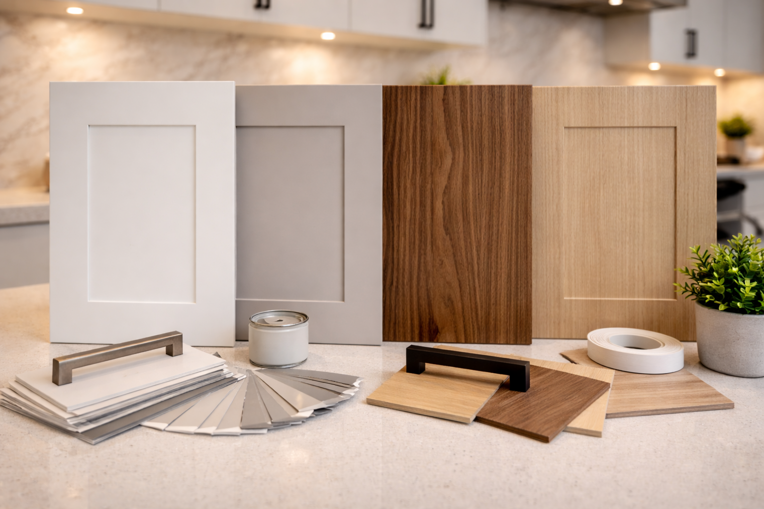 Flat-panel cabinet finish options with painted slab doors, warm wood veneer, and smooth low-sheen surfaces