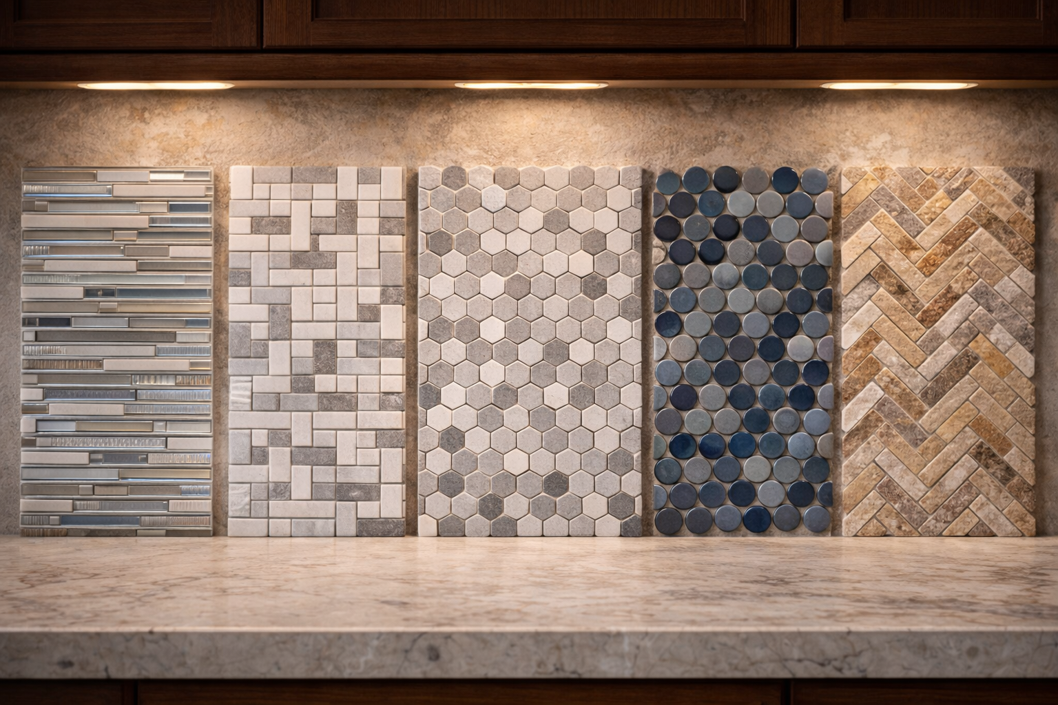 Mosaic tile backsplash options with glass, stone, ceramic, metallic accents, mixed shapes, and different finish levels