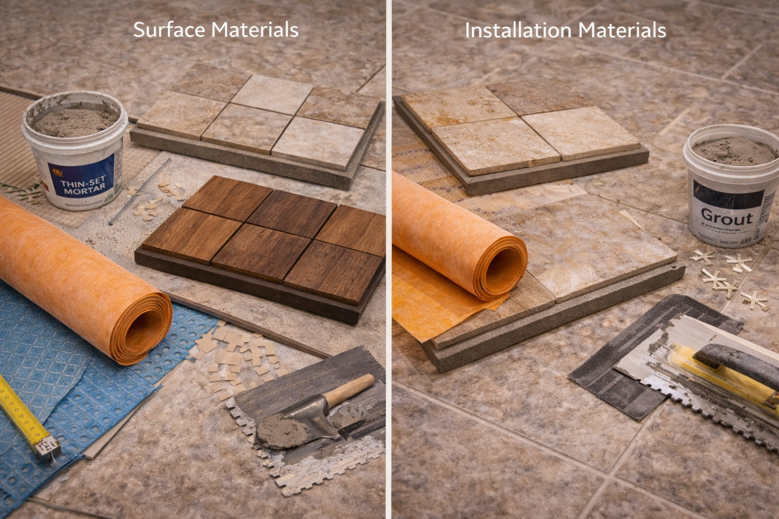 Bathroom flooring materials and components including finish surface, underlayment, grout or seams, waterproofing layers, and trim details