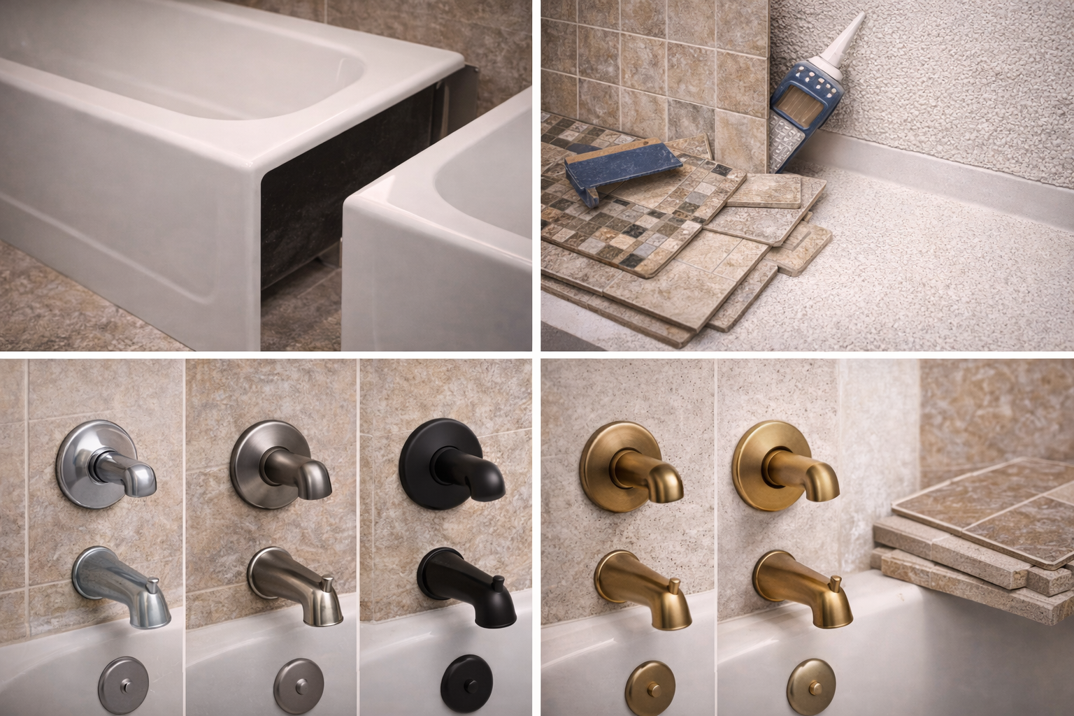 Bathtub remodel materials and components including tub shell, drain assembly, overflow, fixtures, wall surrounds, and floor finishes