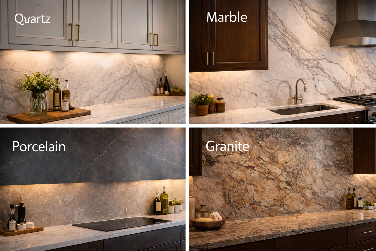 Full slab backsplash options with quartz, marble, granite, polished finishes, honed surfaces, and different stone movement patterns