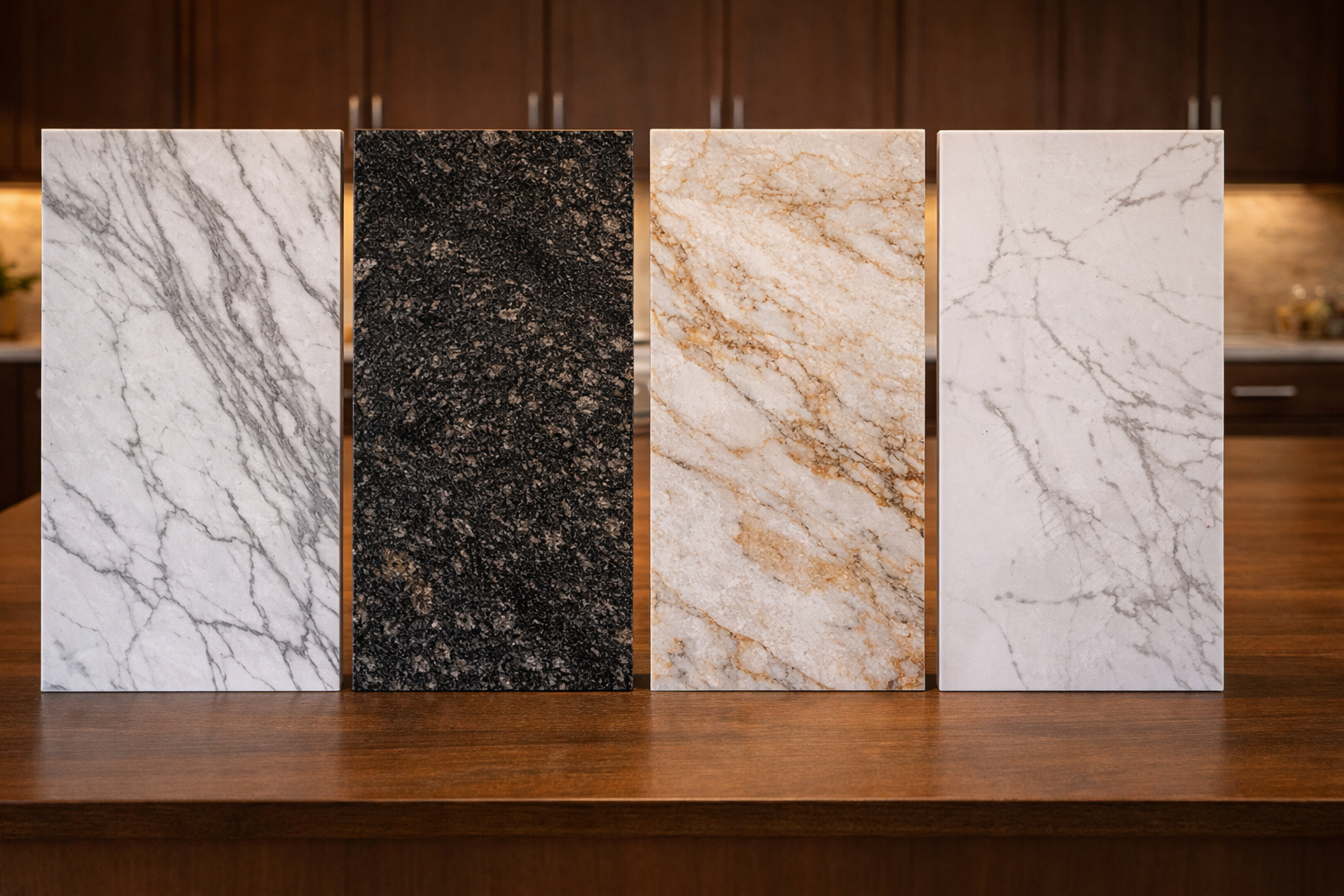 Waterfall island materials image with quartz marble quartzite granite and porcelain slab options