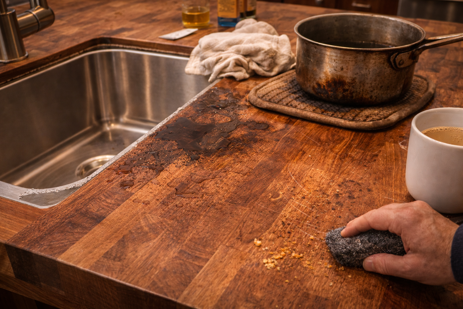 Butcher block countertop mistakes such as poor sealing, bad sink protection, weak support, and ignoring wood movement