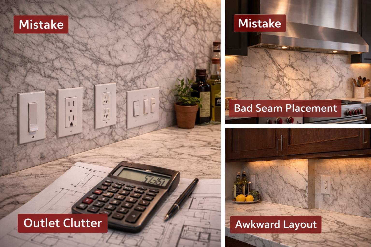Full slab backsplash mistakes such as weak seam planning, poor outlet placement, mismatched veining, and rushed wall prep