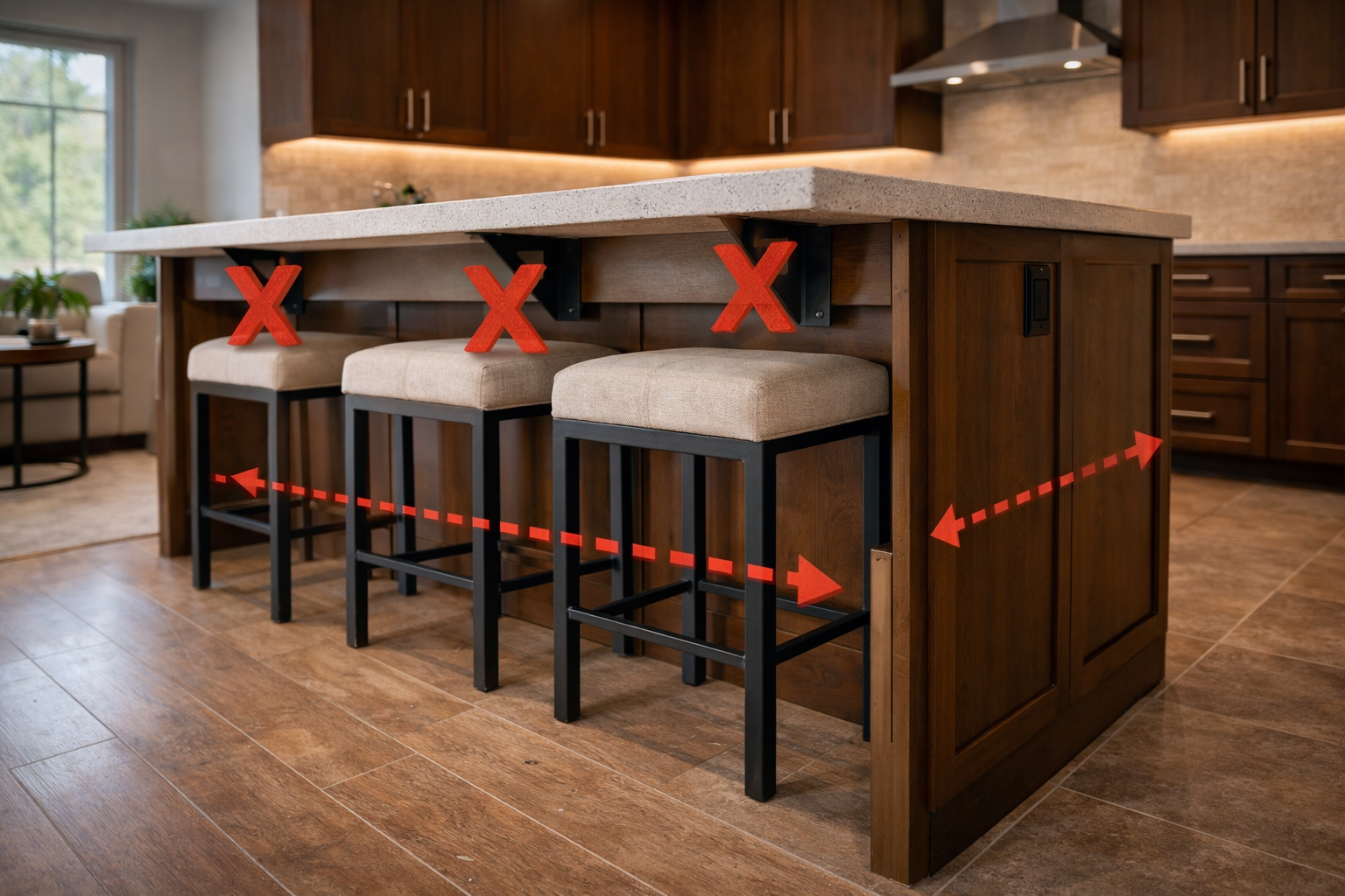 Island seating layout with cramped stool spacing and tight circulation