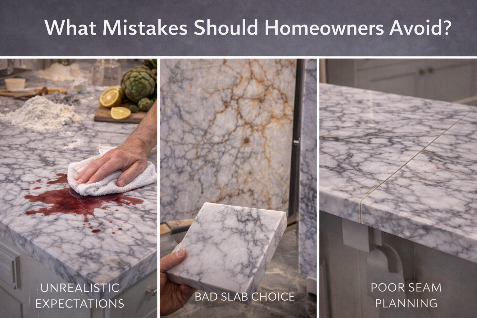 Marble countertop mistakes such as poor sealer planning, weak seam placement, rushed slab selection, and unsupported overhangs