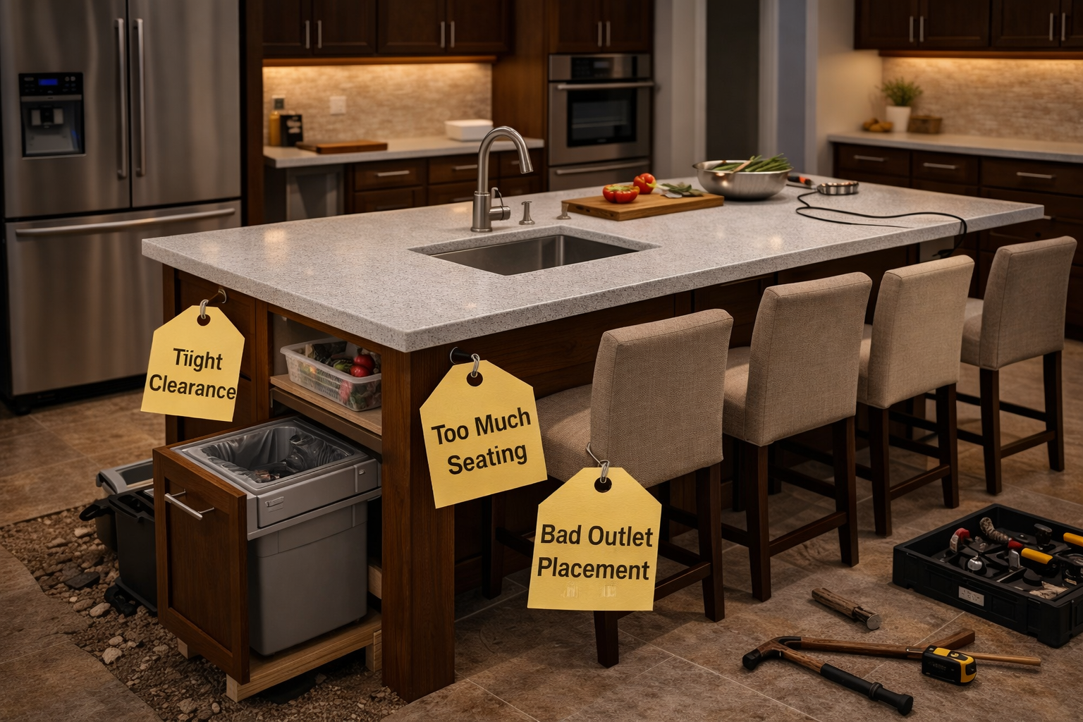 Prep island layout with tight clearances and poorly planned seating