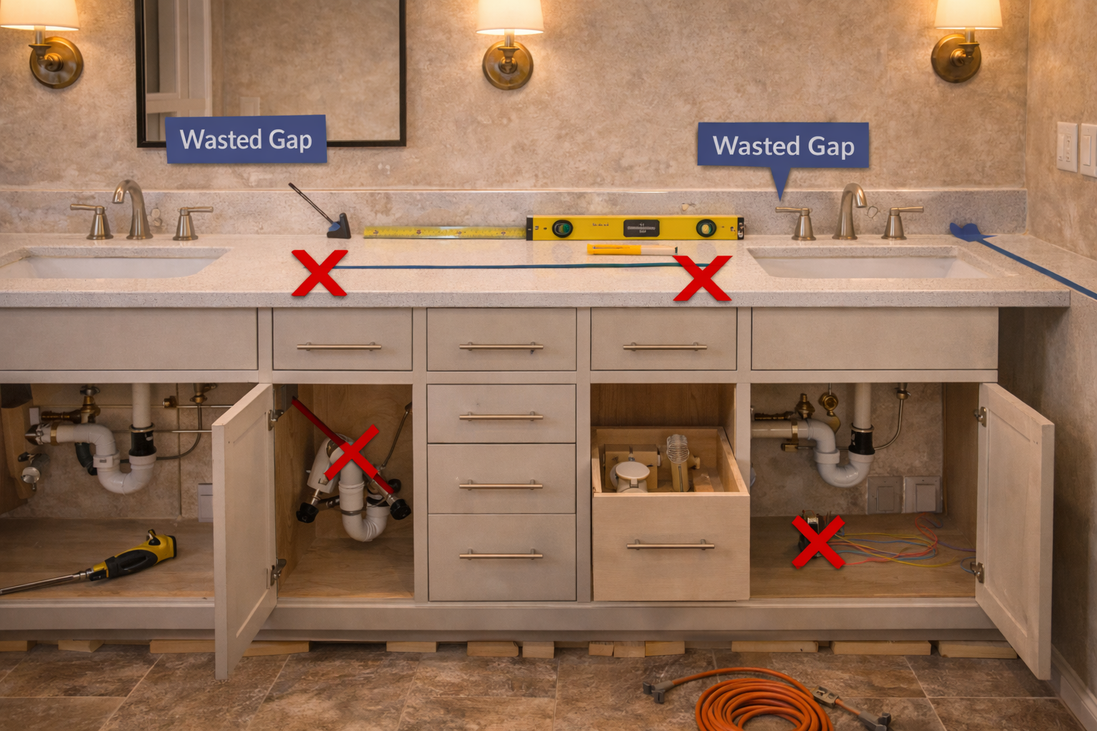Custom vanity planning mistakes such as bad measurements, wasted storage zones, poor sink alignment, and awkward mirror sizing