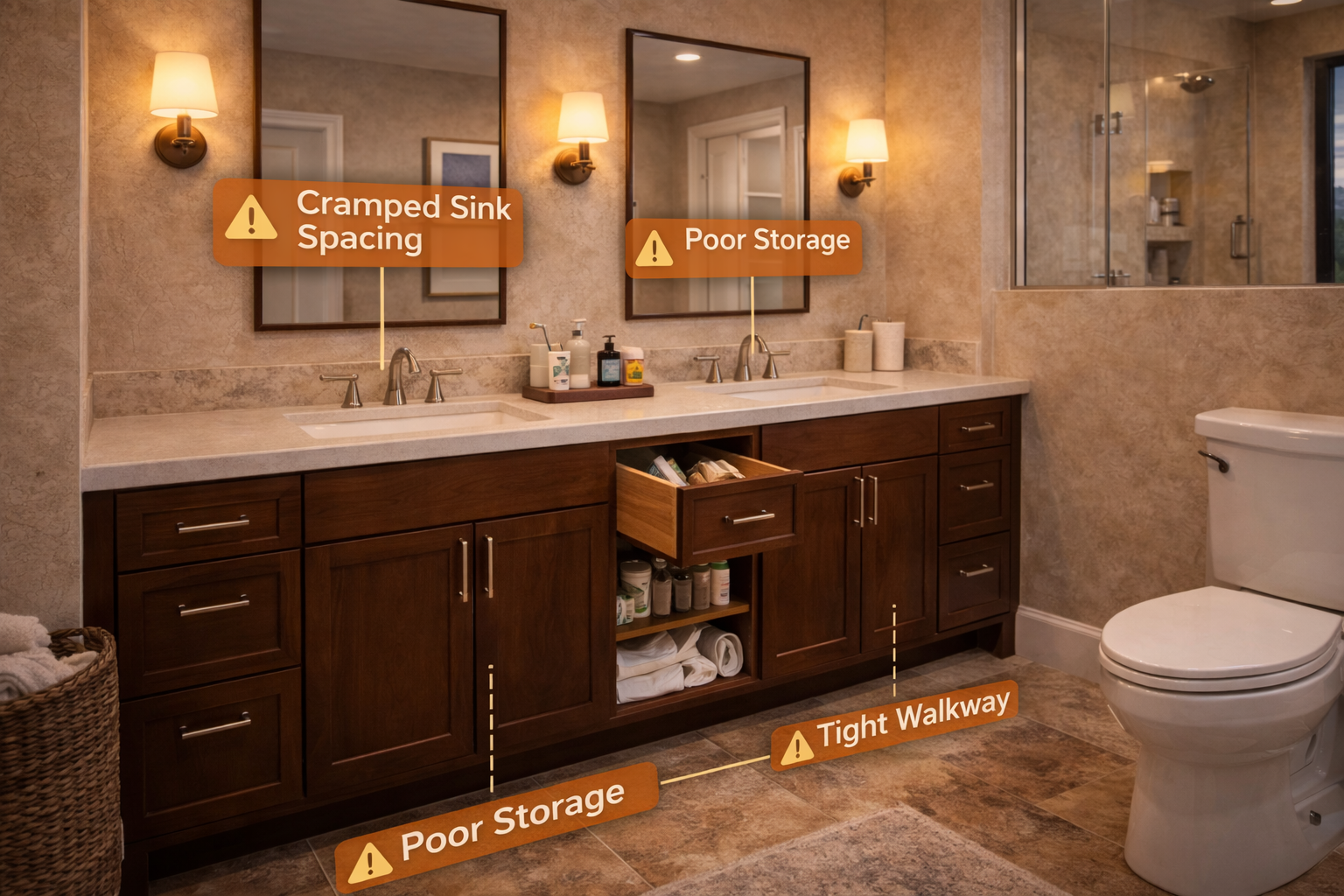 Double vanity planning mistakes such as cramped sink spacing, weak storage choices, poor mirror sizing, and tight clearances