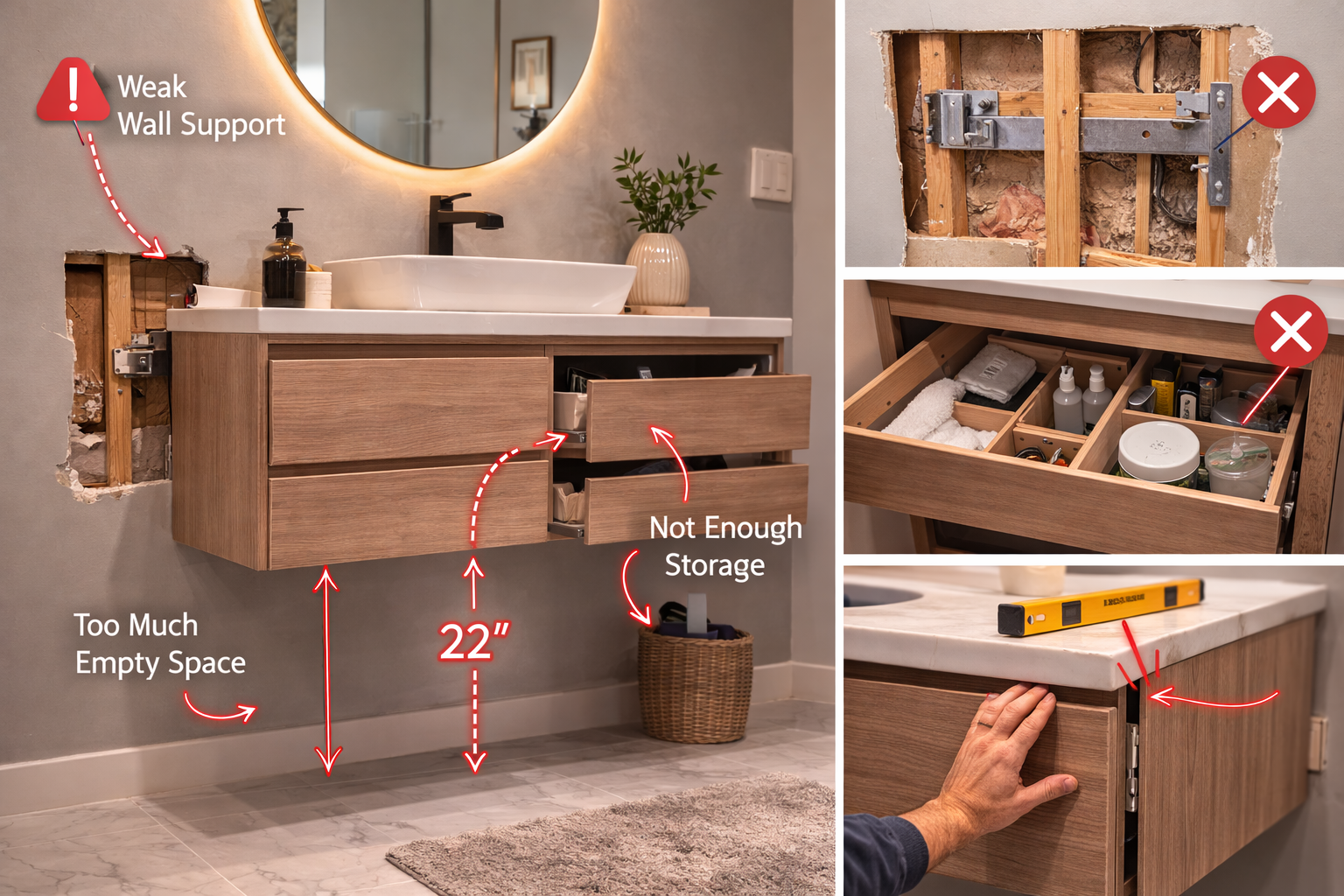 Floating vanity with notes showing weak wall support, limited storage, excess empty space, and poor fit details