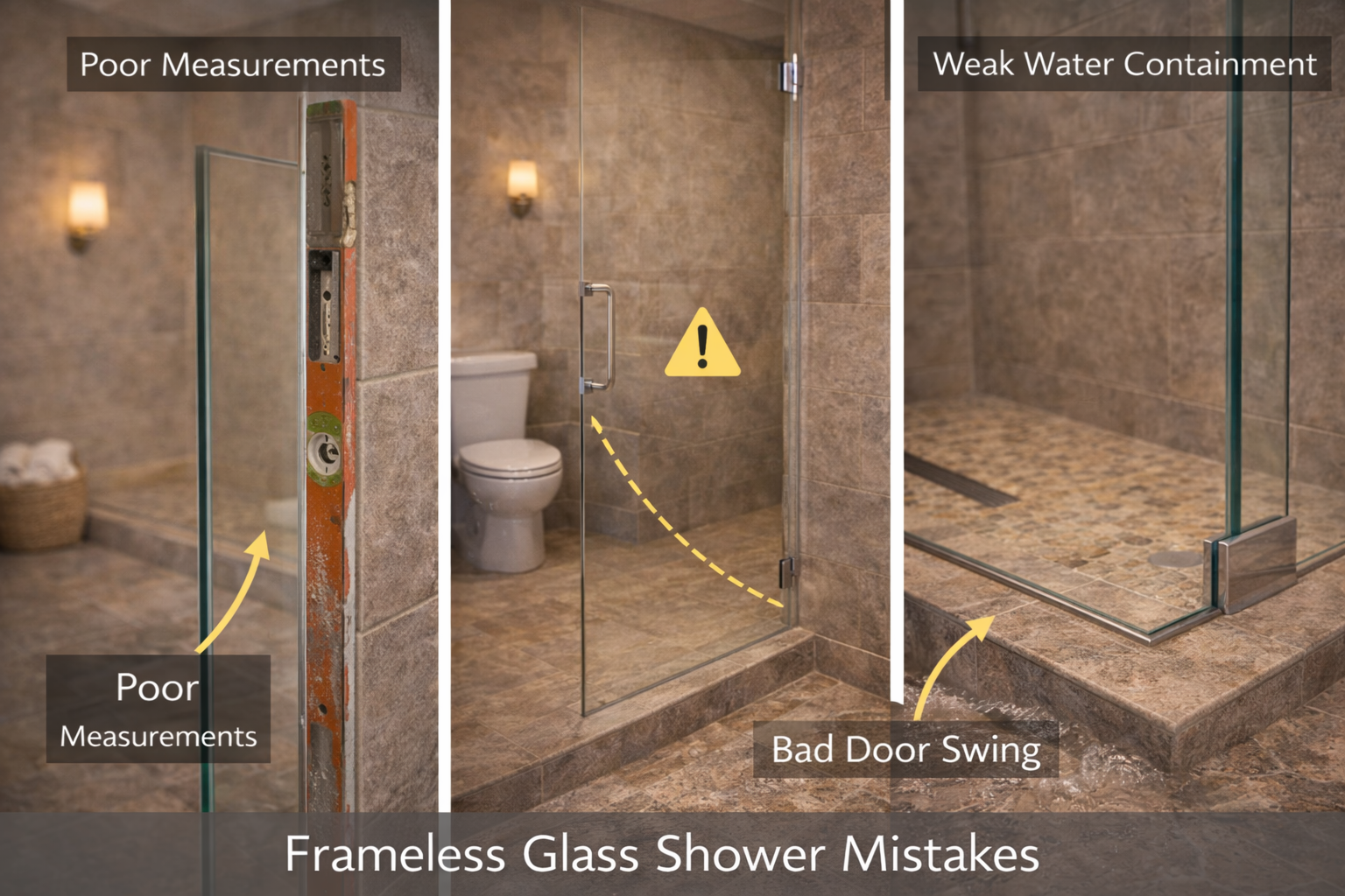 Frameless glass shower mistakes such as bad measurements, weak hardware planning, poor swing clearance, and uneven wall conditions